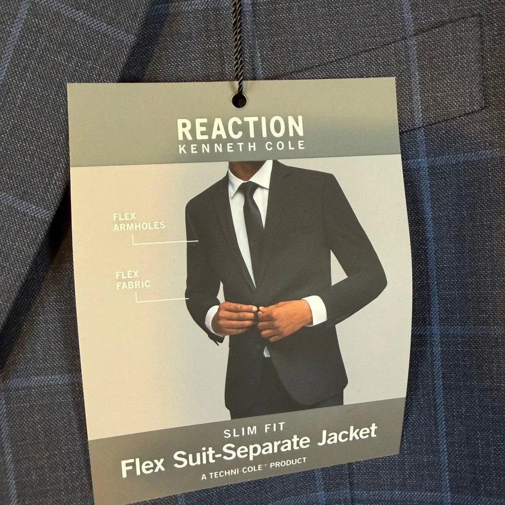 Kenneth Cole Reaction Men 42S Slim Fit Flex Suit Jacket Navy Windowpane CLOO1FJX